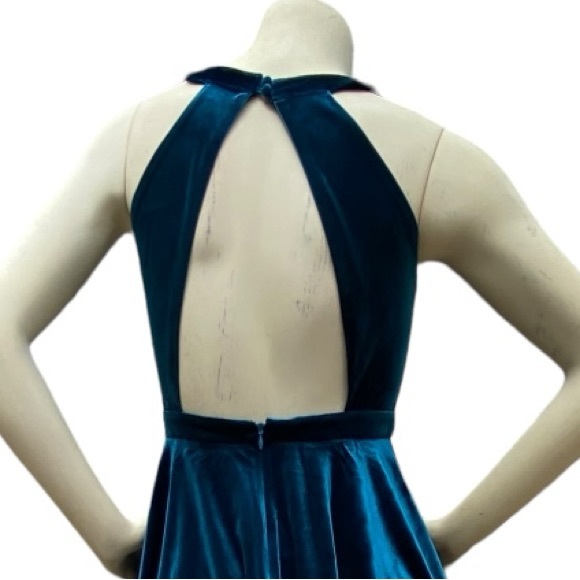 ALTAR’D STATE Deep Teal Blue Velvet Sleeveless Halter Cut Out Pleated Mini Dress - Picture 12 of 16